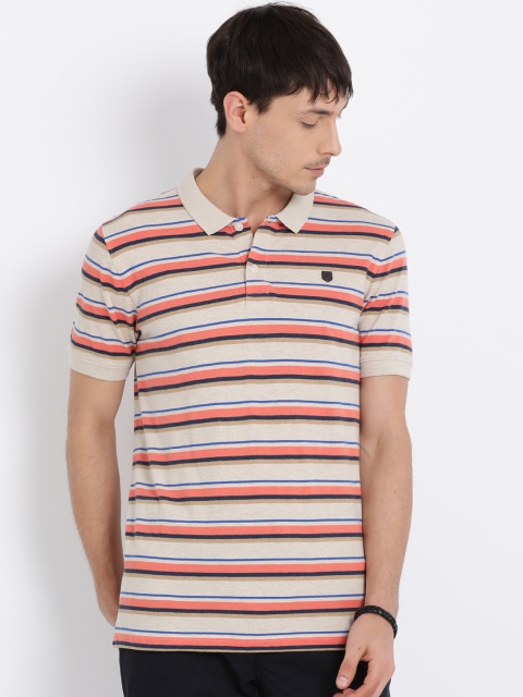 

t-base Men Beige Orange Striped Polo Collar Pure Cotton T-shirt