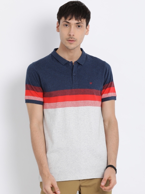 

t-base Men Off-White Navy Blue Colourblocked Polo Collar Pure Cotton T-shirt