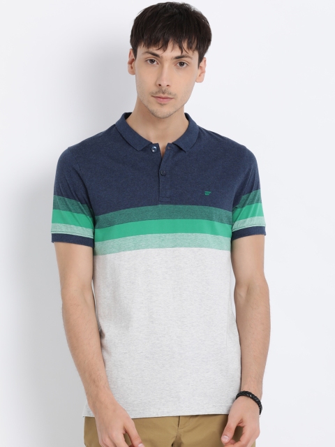 

t-base Men Off-White & Blue Striped Polo Collar T-shirt