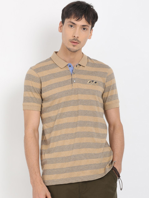 

t-base Men Beige Striped Polo Collar T-shirt