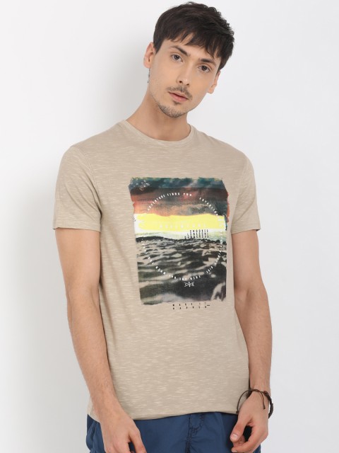 

t-base Men Beige Printed Round Neck Pure Cotton T-shirt