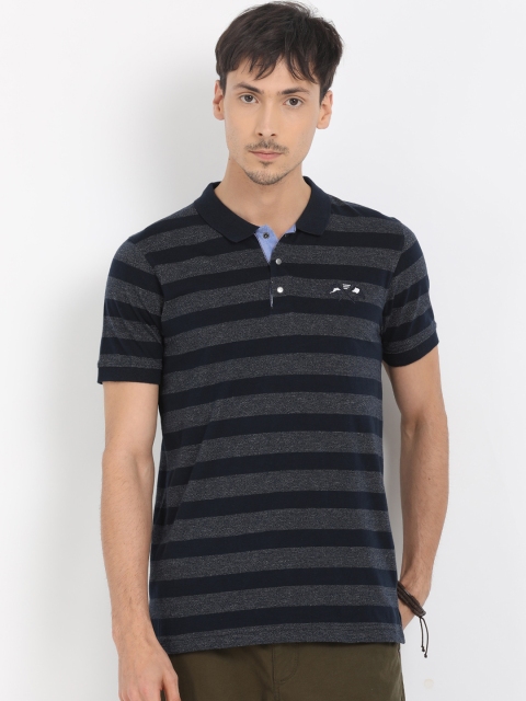 

t-base Men Navy Blue & Grey Striped Polo Collar T-shirt