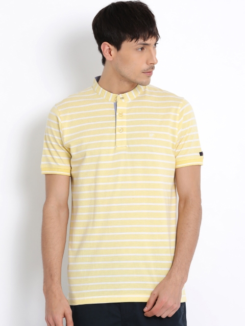 

t-base Men Yellow Striped Mandarin Collar T-shirt