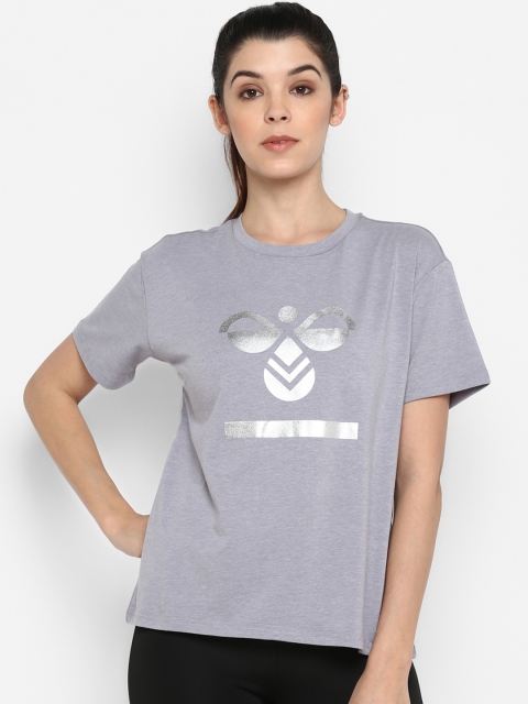 

hummel Women Grey Melange Brand Logo Printed Round Neck T-shirt