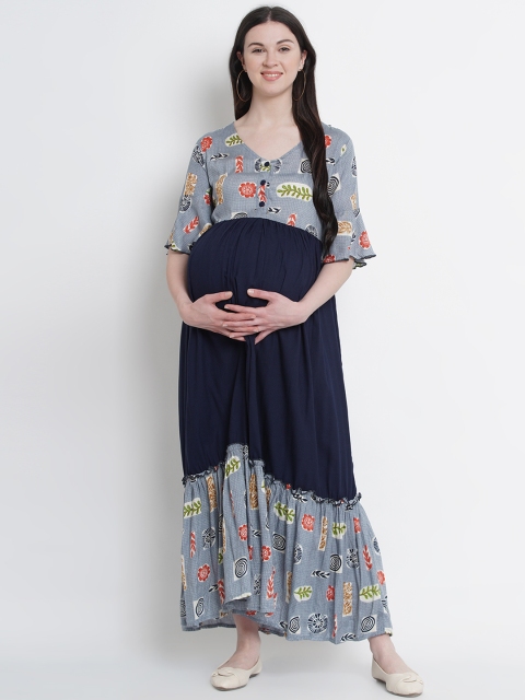 

Mine4Nine Women Grey & Navy BLue Printed Maternity Maxi Dress