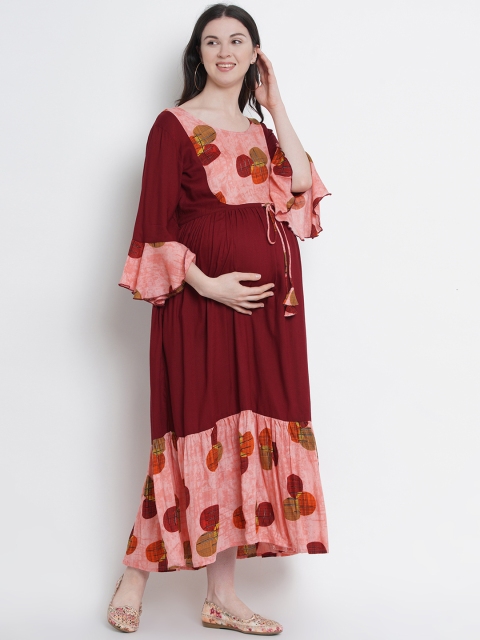 

Mine4Nine Women Maroon Printed Maternity A-Line Dress