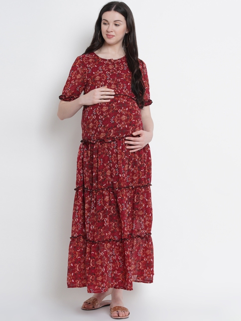 

Mine4Nine Women Maroon Floral Printed Maternity Maxi Dress