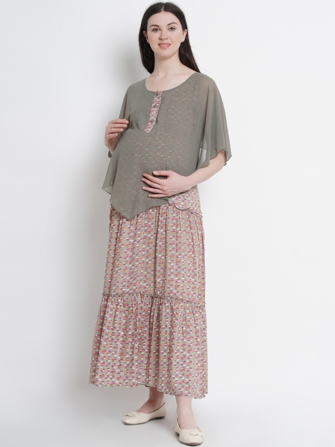 

Mine4Nine Women Olive Green & Pink Printed Maternity Maxi Dress