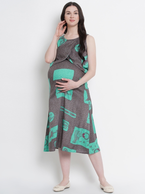 

Mine4Nine Women Grey & Green Printed Maternity Fit and Flare Dress