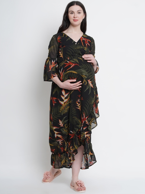 

Mine4Nine Women Black & Olive Green Printed Maternity Maxi Dress