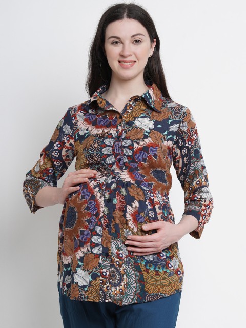 

Mine4Nine Women Mustard Printed Maternity Shirt Style Top