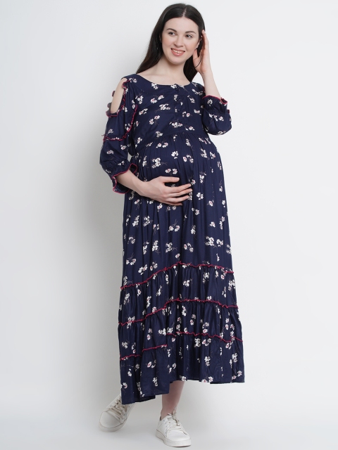 

Mine4Nine Women Navy Blue Floral Printed Fit and Flare Maternity Dress