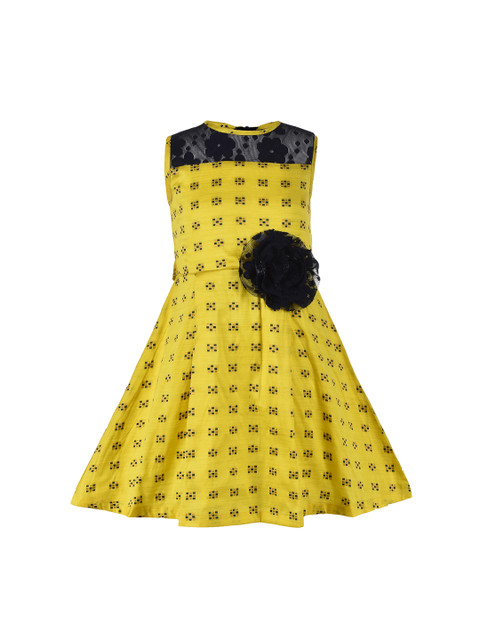 

Stylo Bug Girls Yellow Printed Fit and Flare Dress With Applique Detail