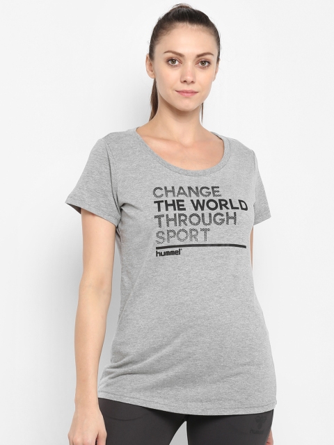 

hummel Women Grey Melange Printed Round Neck T-shirt