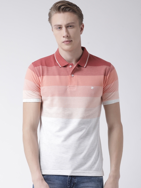 

COBB Men Off-White & Peach Striped Polo Collar T-shirt