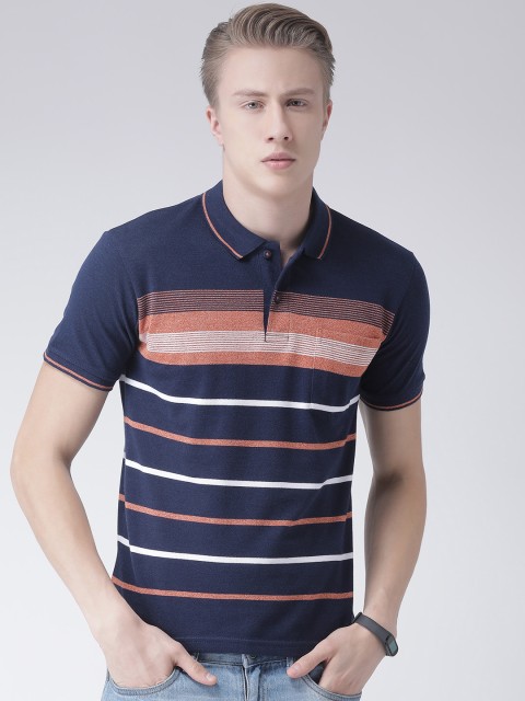 

COBB Men Navy Blue & Orange Striped Polo Collar T-shirt