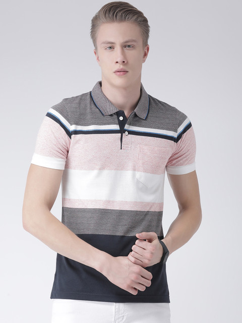 

COBB Men Pink & Grey Striped Polo Collar T-shirt