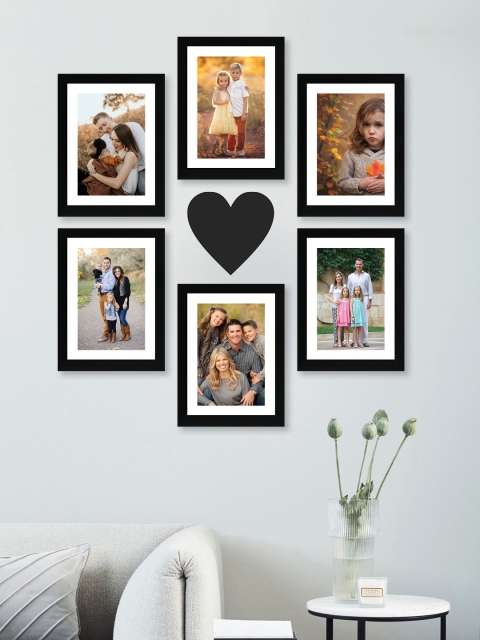 

RANDOM Set of 6 Black Solid Synthetic Photo Frames With Mount Paper & Heart Plaque