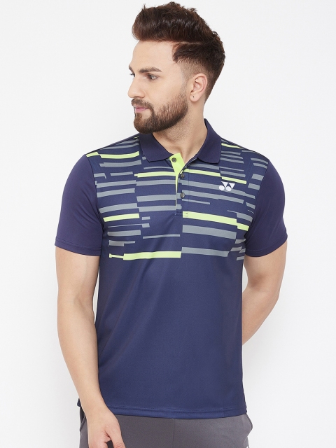 

YONEX Men Navy Blue & Lime Green Striped Polo Collar T-shirt