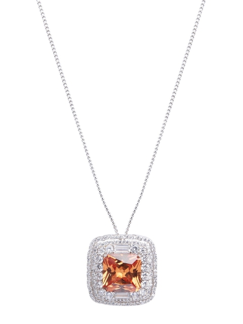 

shaze Silver-Toned & Orange CZ-Studded Square Cushion Pendant With Chain