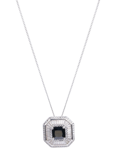 

shaze Silver-Toned & Navy Blue CZ-Studded Octangle Pendant With Chain