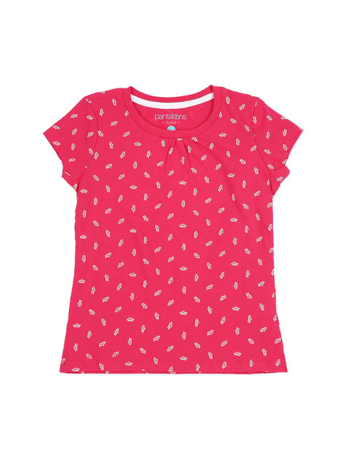 

Pantaloons Junior Girls Fuchsia Pink White Printed Round Neck Pure Cotton T-shirt