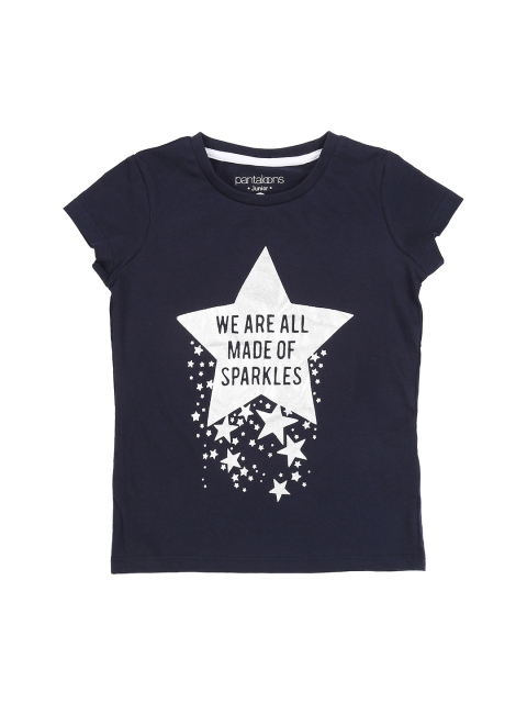 

Pantaloons Junior Girls Navy Blue Printed Round Neck Pure Cotton T-shirt
