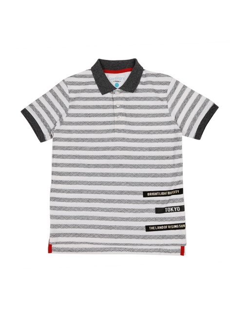 

Pantaloons Junior Boys White Grey Striped Polo Collar Pure Cotton T-shirt