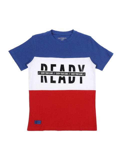

Pantaloons Junior Boys Navy Blue Printed Colourblocked Round Neck Pure Cotton T-shirt