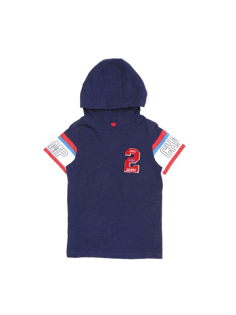 

Pantaloons Junior Boys Navy Blue Off-White Printed Hood Pure Cotton T-shirt