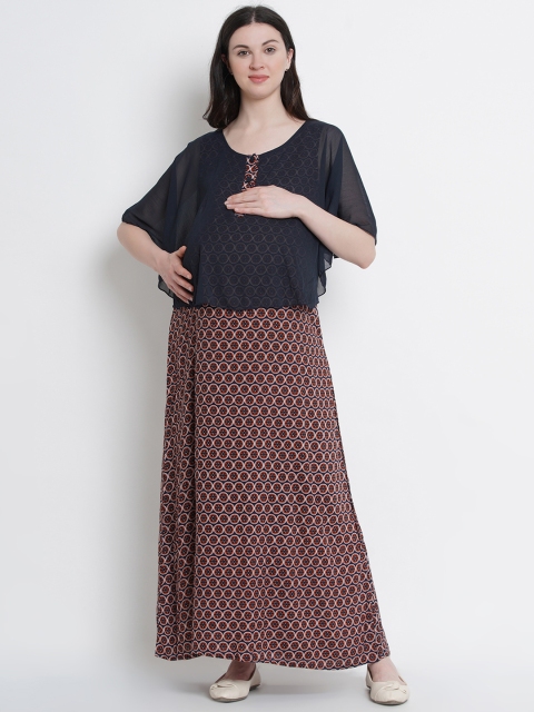 

Mine4Nine Women Brown & Navy Blue Floral Printed Maxi Dress