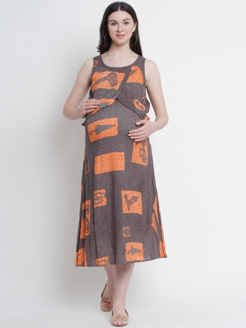 

Mine4Nine Women Grey & Orange Printed Fit and Flare Maternity Dress