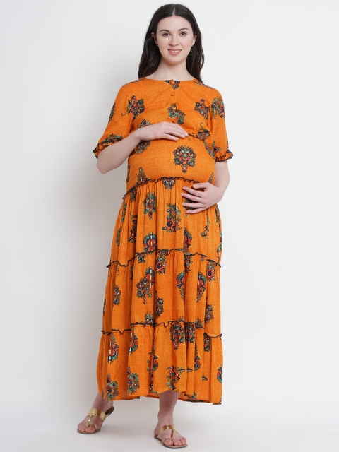 

Mine4Nine Women Orange Floral Print Fit and Flare Maternity Dress