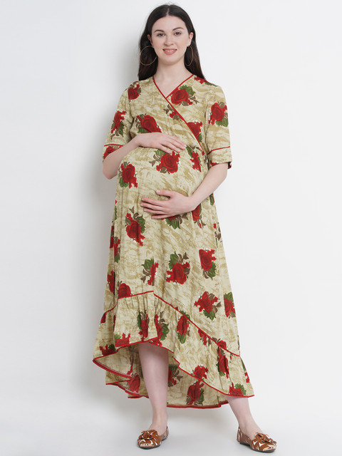 

Mine4Nine Women Beige & Red Floral Printed Maxi Dress