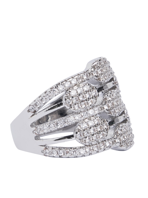 

shaze White Silver-Plated CZ-Studded Rift Finger Ring