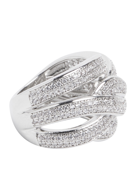 

shaze Silver-Plated CZ-Studded Overlap Finger Ring