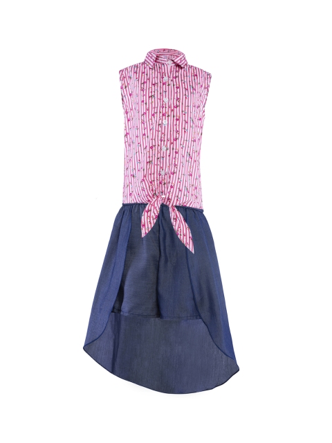 

Stylo Bug Girls Pink & Navy Blue Printed Shirt with Skirt