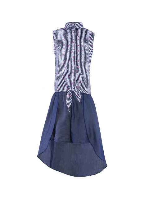 

Stylo Bug Girls Navy Blue & Off-White Striped Shirt with Skirt