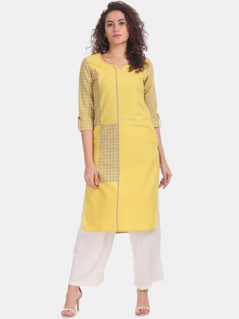 

Karigari Women Yellow & Blue Checked Straight Kurta