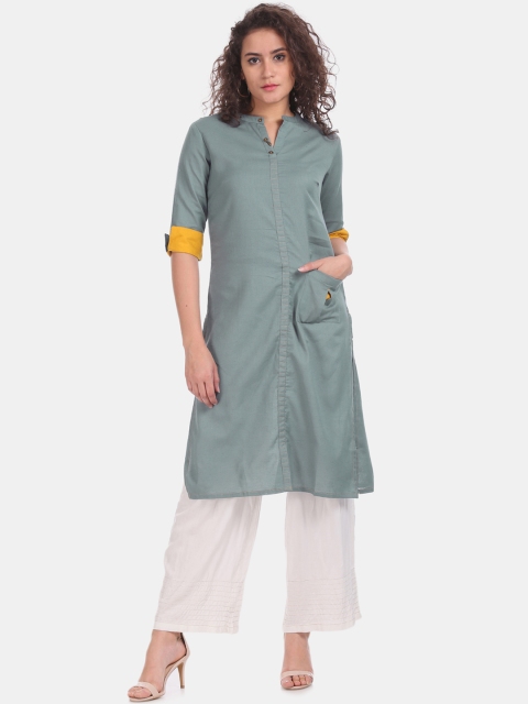 

Karigari Women Grey & Yellow Solid Straight Kurta