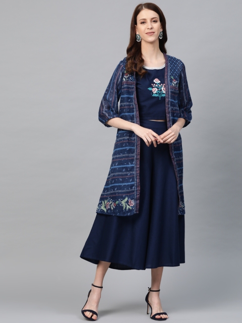 

AURELIA Women Navy Blue Printed Top with Skirt & Jacket