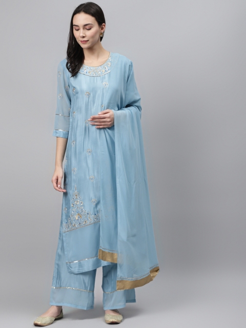 

AURELIA Women Blue & Golden Embroidered Kurta with Palazzos & Dupatta