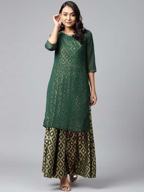 

AURELIA Women Green & Golden Embellished Kurta with Skirt & Top