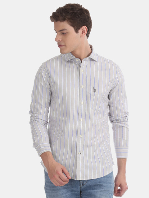 

U.S. Polo Assn. Men Beige & Blue Regular Fit Striped Casual Shirt