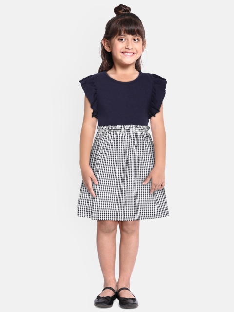 

GAP Girls Navy Blue & White Pure Cotton Ruffled Sleeve Plaid Dress