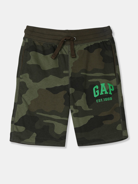 

GAP Boy Olive Green Camouflage & Brand Logo Print Tie Waist Sweat Shorts