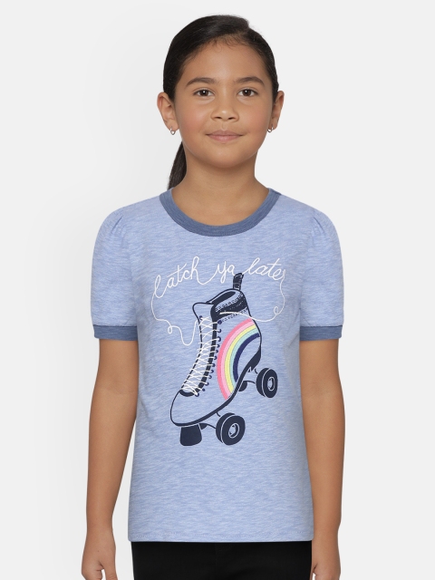 

GAP Girls Blue Melange Effect Puff-Sleeve Graphic T-Shirt