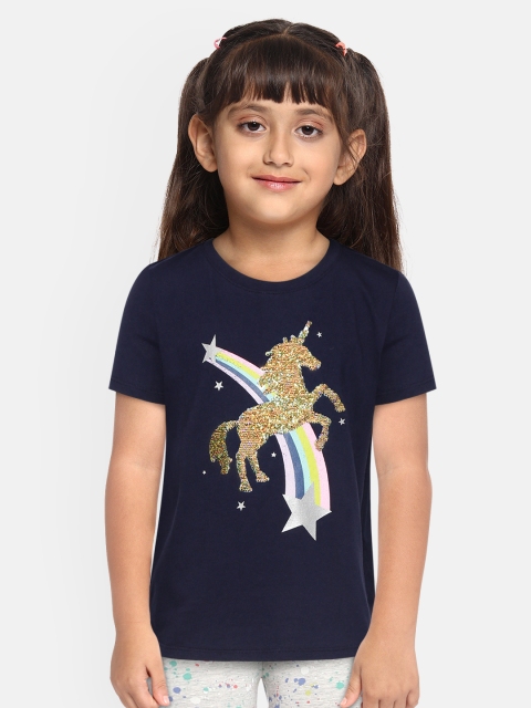 

GAP Girls Navy Blue & Silver Flippy Sequin Pure Cotton T-Shirt