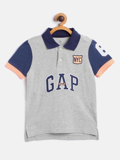 

GAP Boys Grey Melange & Navy Blue Brand Logo Print Pure Cotton Polo Collar T-shirt