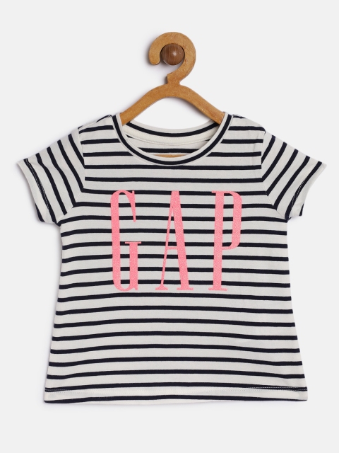 

GAP Girls White Striped Round Neck T-shirt